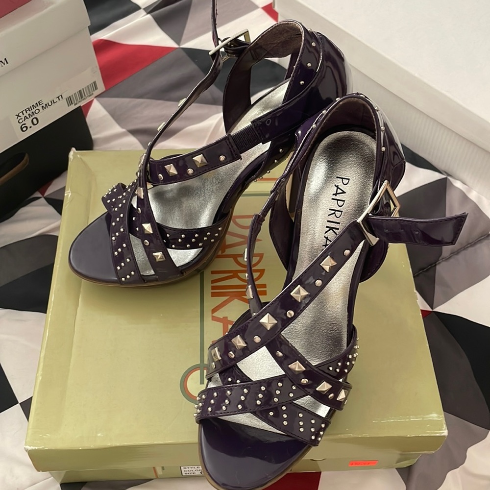 Sexy dark purple studded patent leather sandals